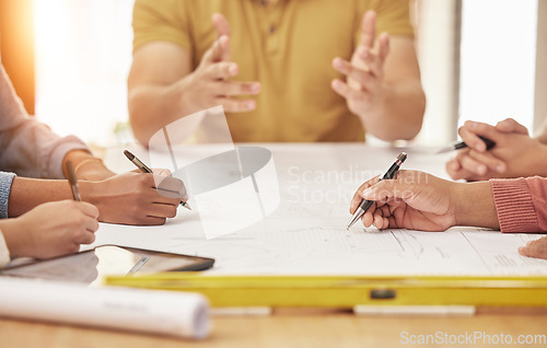 Image of Engineering, architecture and hands of people with blueprint for planning, discussion and building design. Teamwork, construction and men and women in meeting with illustration, floor plan and paper