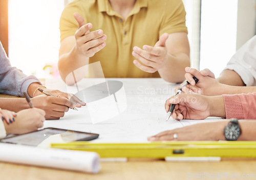 Image of Architecture, drawing and hands of business people for planning, discussion and engineering design. Teamwork, construction and men and women in meeting with blueprint, floor plan and illustration