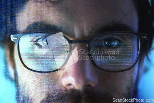 Image of Face, smart glasses and overlay of man with futuristic hologram for cybersecurity. Portrait, iris scanner and person with technology for facial recognition, biometric or digital identification data.