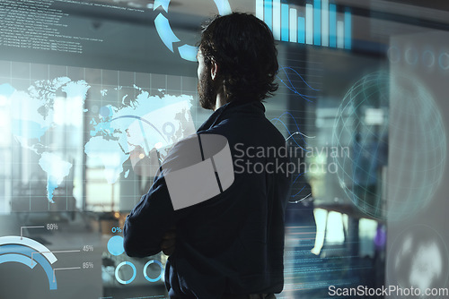 Image of Monitor hologram, business man and data analytics for global networking, worldwide technology or digital software.. Holographic screen of statistics and global information and person, night and rear