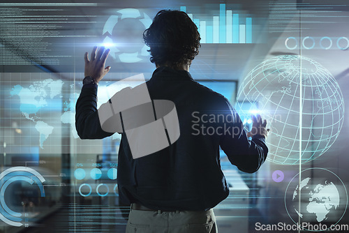 Image of Business man, touchscreen and hologram of information technology, data analytics and global statistics on digital glass. Person or user press on holographic database with charts, graphs in night rear