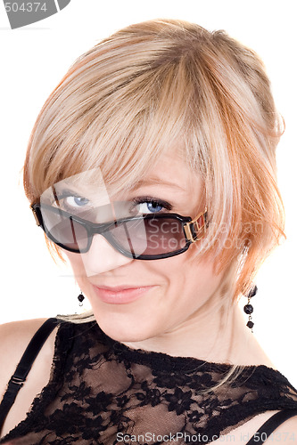 Image of Portrait of  the blonde in sunglasses. Isolated