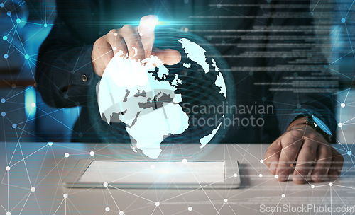 Image of Hands, touch globe and tablet hologram with digital overlay for global technology for communication. 3d, world and business man with touchscreen for future earth, planet and network connection for ar