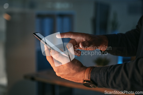 Image of Phone, night or hands of businessman typing in communication, global networking or searching. Entrepreneur, dark office or zoom of person on social media or mobile app reading email, text or chatting
