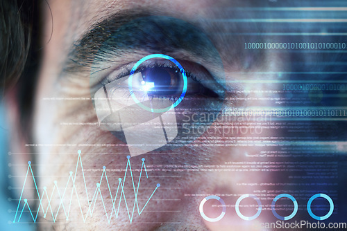 Image of Futuristic, holographic or man with eye scan in digital cybersecurity technology for identity database. Biometric laser, ai innovation or zoom of light for system recognition or verification sensor