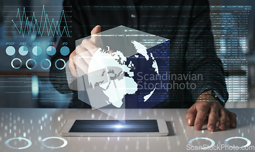 Image of Hands, touch world and tablet hologram with digital overlay for global technology, statistics and graphs. 3d, globe and business man with touchscreen for futuristic earth, planet or cube with data.