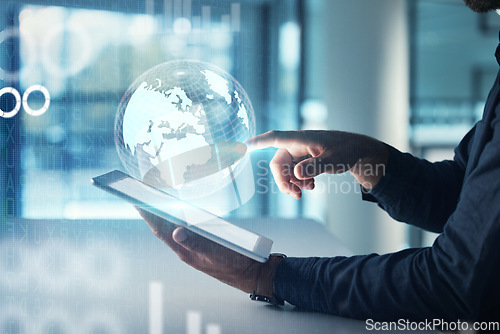 Image of Globe, tablet hologram and man hands in global networking, digital world overlay or futuristic business data. Holographic, futuristic technology of person or user touchscreen for worldwide connection