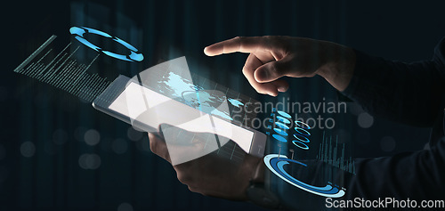 Image of Hand of person, tablet or hologram of digital, information technology, data analytics or global statistics. Futuristic, man or user typing on holographic iot dashboard overlay for networking at night