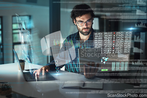 Image of Digital, night and a businessman with technology for the stock market, finance analysis and research. Data, office and an employee reading statistics, stocks and analytics in the dark on tech at work