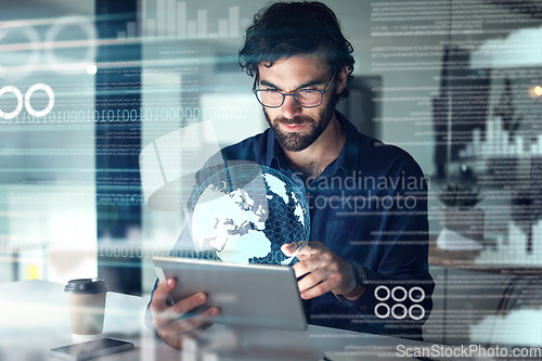 Image of Business man, globe and tablet hologram with digital overlay for global technology, statistics and graphs. 3d, world and person with touchscreen for futuristic earth, planet or online data in office
