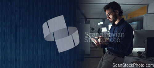 Image of Night, mockup or businessman with tablet to search digital technology, data analytics or global news. Space, entrepreneur or focused person typing on iot dashboard or networking online in dark office