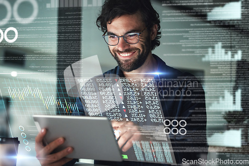 Image of Business man, stock market and tablet hologram with digital overlay for tech, statistics or data. 3d, augmented reality and happy person with touchscreen for futuristic trading, finance or investment