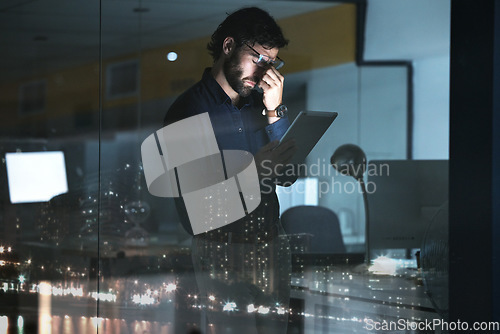 Image of Business man, tablet and headache, stress or migraine in office by widow with city lights at night. Technology, fatigue and person with depression, burnout or anxiety, pain or brain fog with deadline