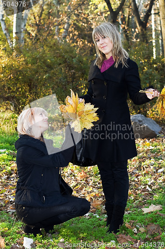 Image of Two beautiful young women with autumn leaves in park