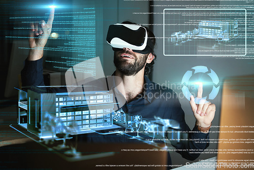 Image of Virtual reality, architecture and man with 3d model for working on design or building hologram at night. Metaverse, vr and architect or engineer with house, digital construction or futuristic tech.