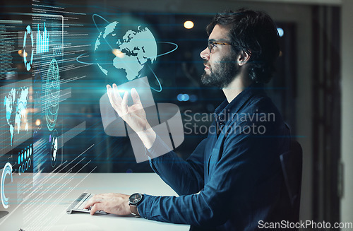 Image of Computer screen, global hologram and man with business data analytics, globe networking and worldwide software 3D. holographic, digital analysis and information technology of person on night desktop