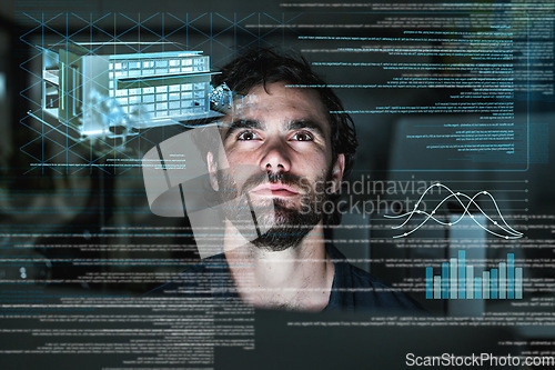 Image of Architecture, hologram and business man with data analytics, focus and overlay for digital solution at night. Engineering, coding software and holographic screen of person in cyber security research