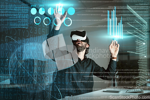 Image of Virtual reality, business man and 3d graphs for working on statistics, data or hologram at night. Metaverse, vr and professional person with futuristic technology with charts, analytics and overlay.