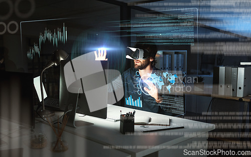 Image of Virtual reality, business man and data in office by computer for statistics, analysis or hologram at night. Metaverse, vr and person with futuristic tech with charts, 3d analytics or global overlay.