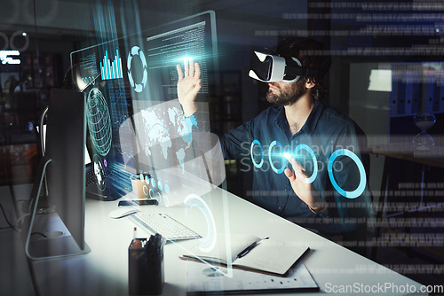 Image of Virtual reality, business man and touch hologram in office by computer for statistics, analysis or data at night. Metaverse, vr and person with charts, futuristic technology and 3d global overlay.