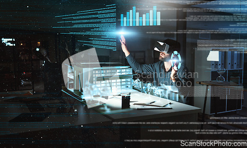 Image of Architecture hologram, engineering or man in vr with blueprint data or planning a real estate building. Futuristic, 3d model or designer with holographic vision of project at night in virtual reality