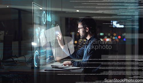 Image of Computer, hologram and touchscreen of business man with data analysis, digital coding and programming at night. holographic, software overlay of IT person, information technology research and desktop