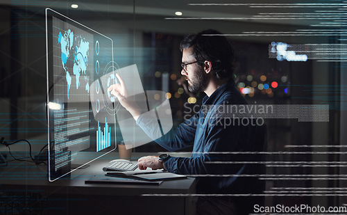 Image of Computer screen, hologram and business man with digital data analysis, global coding and programming at night. holographic, software overlay of IT person, information technology research and desktop