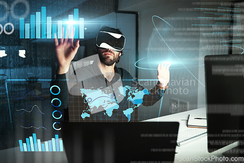 Image of Virtual reality, business man and touch graphs, statistics or data analysis at night in office. Metaverse, vr and person with charts, futuristic technology or digital hologram for 3d global overlay.