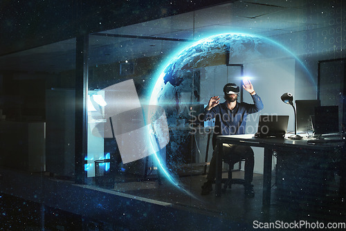 Image of Businessman, night or vr global network hologram for digital future technology, big data or virtual reality. Dark office, globe overlay or person in futuristic metaverse world, earth or 3d planet