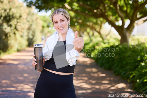 Image of Portrait, happy woman or thumbs up for fitness, nature or healthy running workout exercise with smile. Girl athlete runner smiling showing thumbsup for training, wellness or exercising in a park