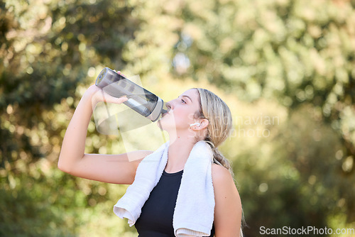 Image of Fitness, runner or girl drinking water in park to hydrate, relax or healthy energy on exercise break in nature. Tired thirsty athlete woman refreshing with liquid for hydration in training or workout