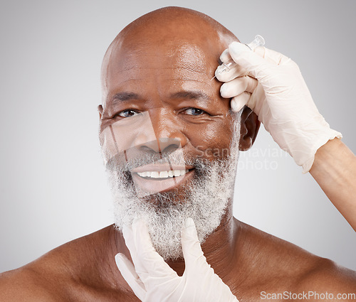 Image of Skincare, collagen syringe and portrait of black man with smile, happiness and professional anti ageing spa treatment. Dermatology, cosmetic process and happy, mature model with dermal filler needle