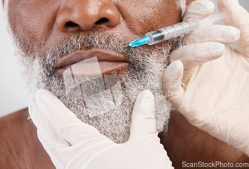 Image of Skincare, face and man mouth with syringe for dermal filler and professional anti ageing spa treatment. Closeup dermatology, cosmetic or senior African male model with collagen needle for skin care.