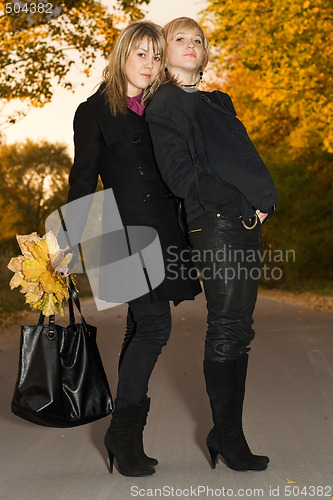 Image of Two young blondes with autumn leaves on a road