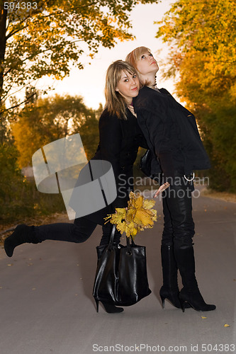 Image of Two beauty young blondes with autumn leaves on a road