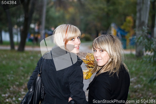 Image of Portrait of the two young women in autumn park