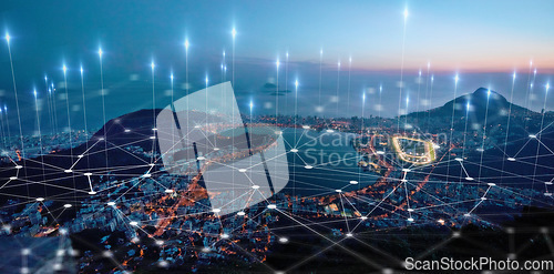 Image of City, landscape and overlay in night for network, connectivity or iot infrastructure development in Cape Town. Metro, cbd and skyline with 3d holographic for cloud computing, connection or innovation