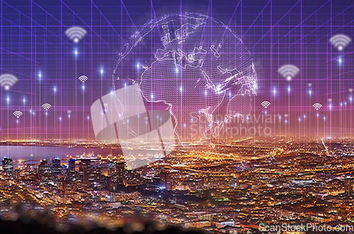 Image of Global, network and information technology with an overlay city at night for connectivity or data sharing. 3d globe, hologram and ai for digital transformation or cyber security in an urban town