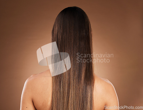 Image of Hair care, beauty and back of woman for wellness, treatment and keratin glow on brown background. Salon aesthetic, hairdresser and girl with cosmetics, hairstyle texture and natural growth in studio