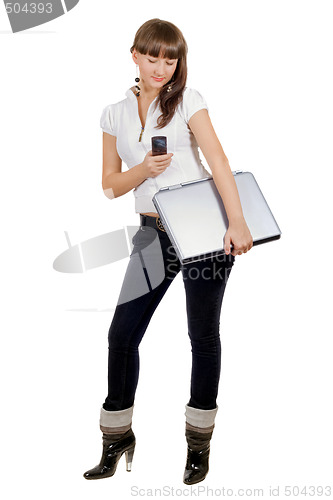 Image of Businesswoman with laptop and phone over white