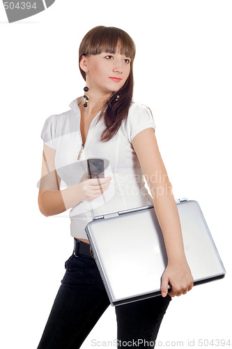Image of Businesswoman with phone and laptop over white