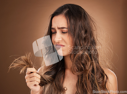 Image of Beauty, crisis and sad woman in studio with hair loss, dry and damage against brown background. Haircare, fail and girl model frustrated with weak, split ends or alopecia while posing isolated