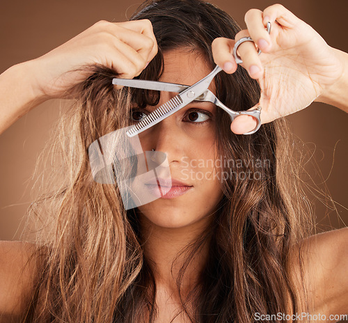 Image of Hair care, damage and woman with scissors, worry and salon cut treatment on brown background. Beauty crisis, haircut and split ends, frustrated latino model with damaged hairstyle on studio backdrop.