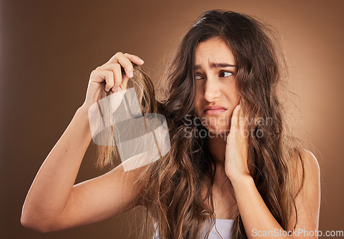 Image of Hair loss, crisis and worried woman in studio for beauty, messy and damage against brown background. Haircare, fail and sad girl frustrated with weak, split ends or alopecia, dandruff and isolated