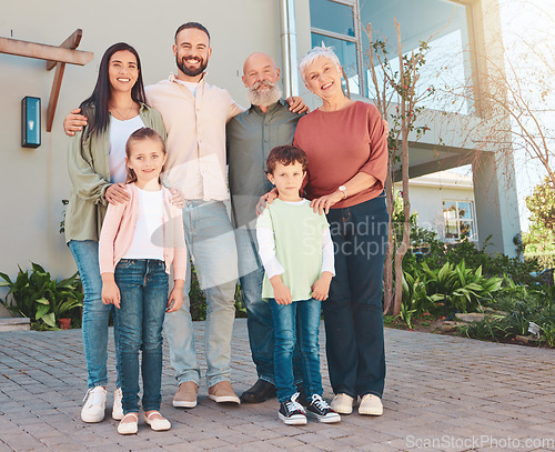 Image of Big family, portrait and backyard with grandparents, kids and happiness for holiday with hug, love or bonding. Senior man, woman and couple with children with excited face, outdoor or happy in summer