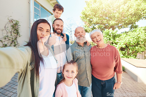 Image of Happy family, selfie and grandparents with kids in backyard for happiness, holiday or love for social media. Senior man, woman and couple with children with excited face, smile and profile picture