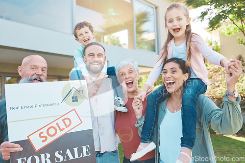 Image of Real estate, portrait and happy family outside of new house, excited and smiling in a garden. Property sign, sale and kids, parents and grandparents celebrating and moving into dream home in the yard