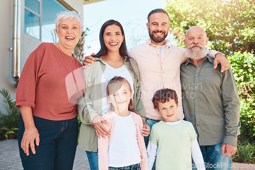 Image of Family is outdoor, happy in portrait with generations, happiness with grandparents, parents and kids in garden. People together at holiday home on summer vacation, smile and bond with love and care