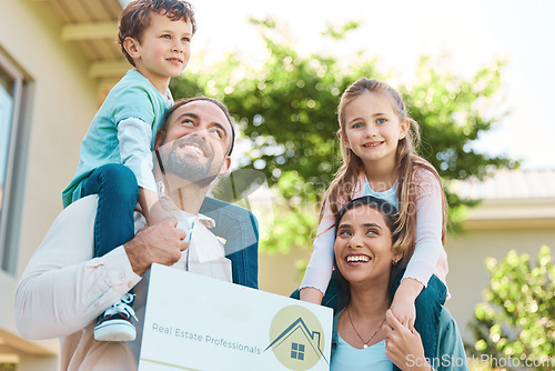 Image of Real estate, sale and happy family outside of new house, excited and smiling in a garden. Property, purchase and kids with parents in a backyard of dream home after moving, relocation and celebration