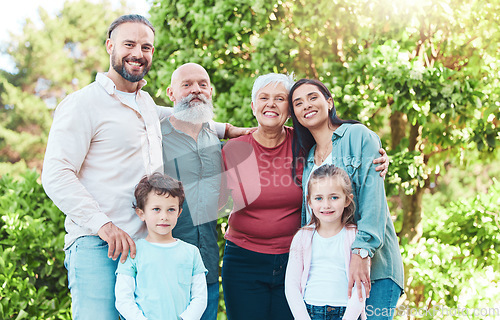 Image of Family is outdoor, smile in portrait with generations, happiness with grandparents, parents and kids in garden. Happy people together, summer holiday and bonding with love, care and support in nature